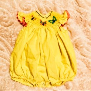 Girl Yellow Butterfly Smocked Bubble 6 mos EUC
